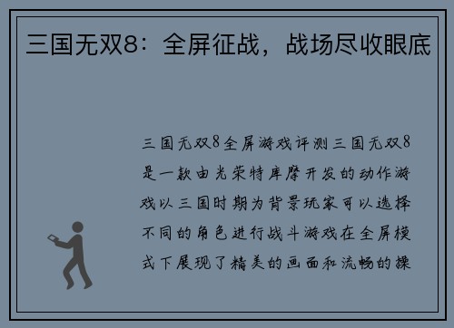 三国无双8：全屏征战，战场尽收眼底